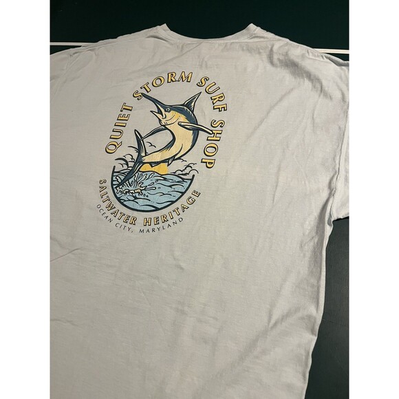 Men’s Quiet Storm Surf Shop Blue T-Shirt XL Saltwater Fish Beach Surfer Skater - Picture 1 of 7